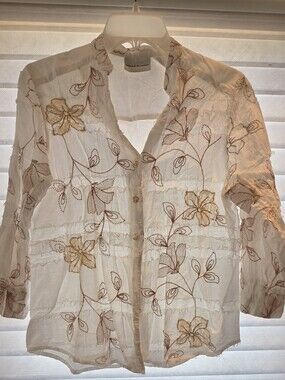 Alfred Dunner White Button-Front Embroidered Floral Shirt